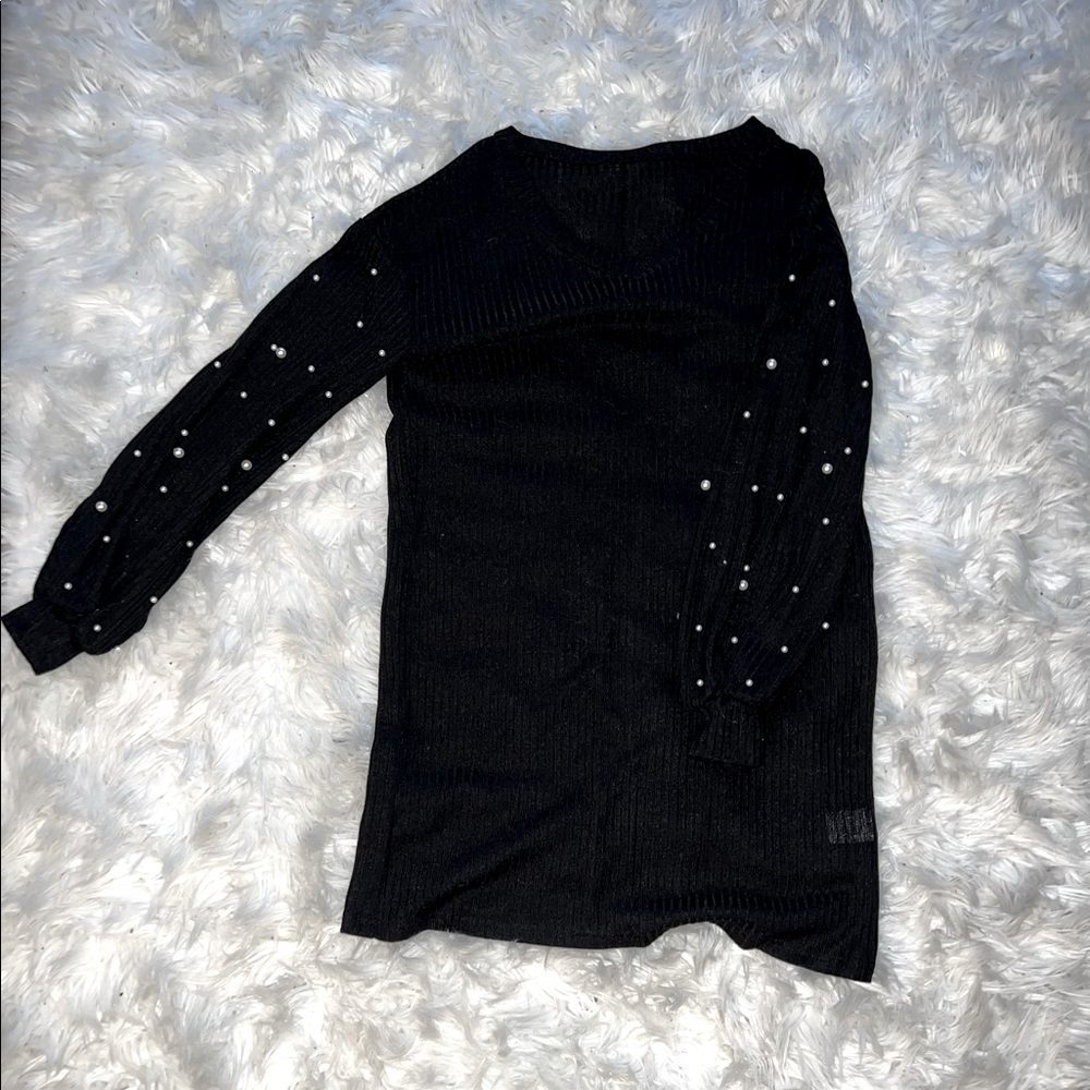 Black Sweater Dress w/Pearls on Sleeve. Size Medium